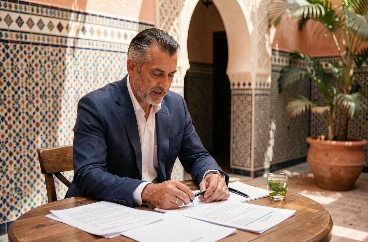 Vendeur d'appartement marocain négociant la vente dans un riad traditionnel de Marrakech