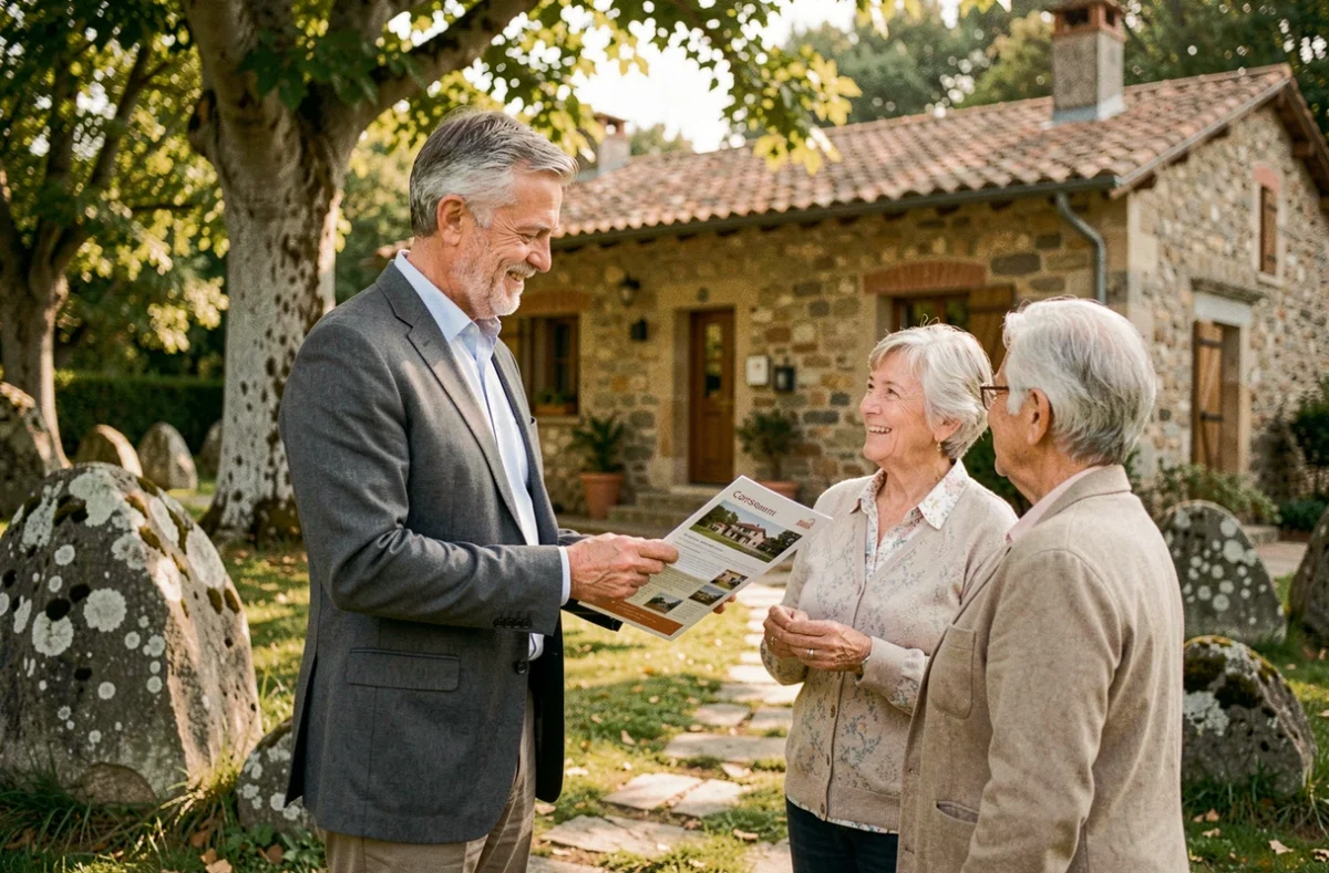 Agent Nestenn Corse présentant une bergerie rénovée à des clients dans un cadre rural corse
