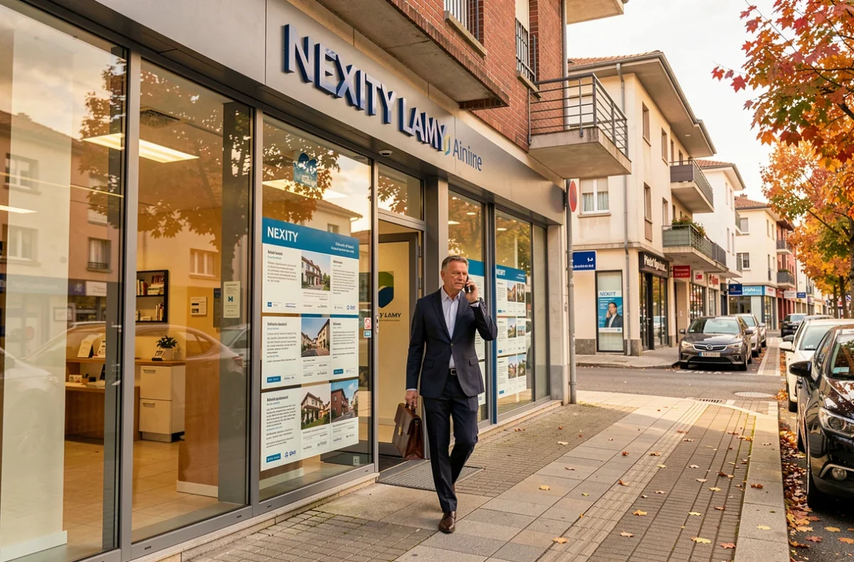 Agent Nexity Lamy sortant de l'antenne ain avec un téléphone et une mallette en automne