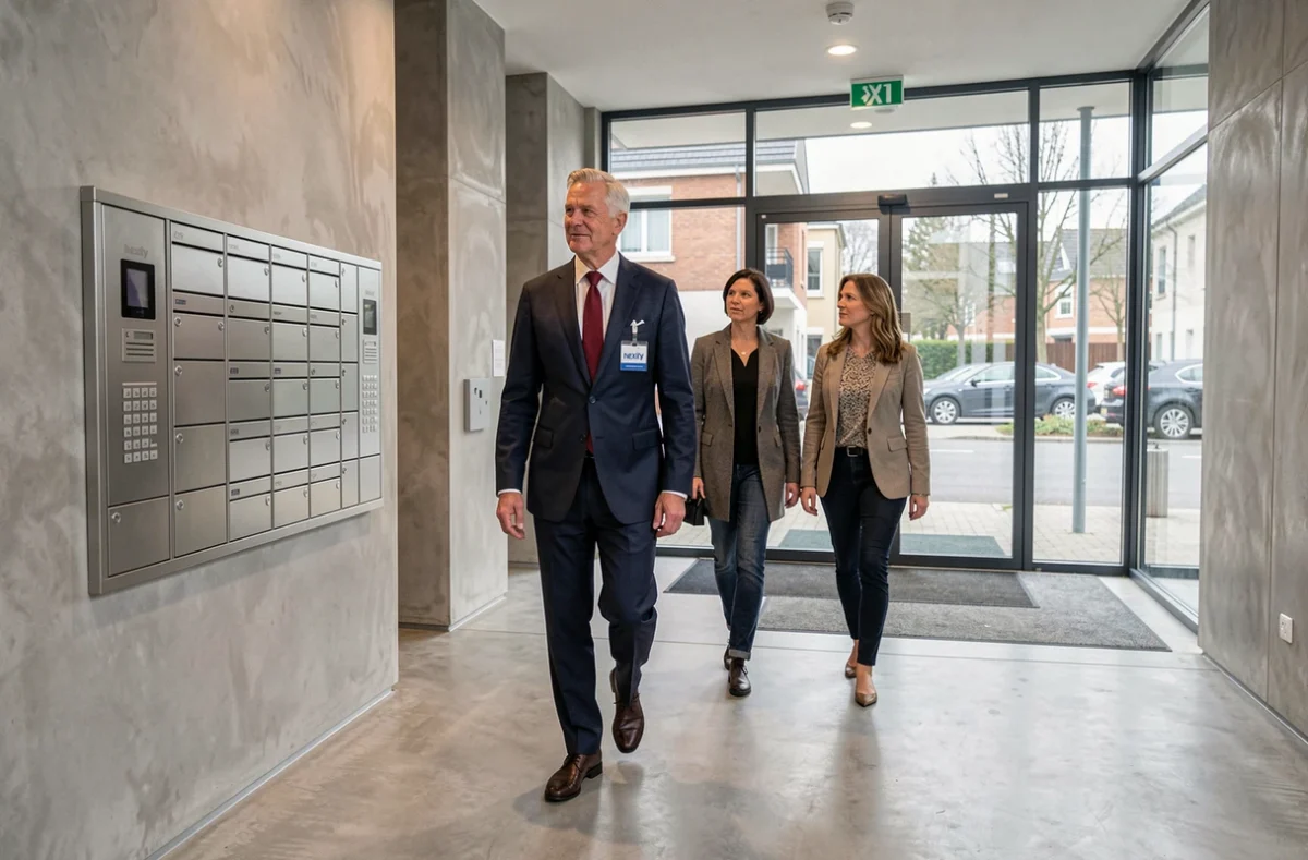Conseiller Nexity Lamy Rennes accompagnant des copropriétaires lors d'une visite d'immeuble résidentiel moderne