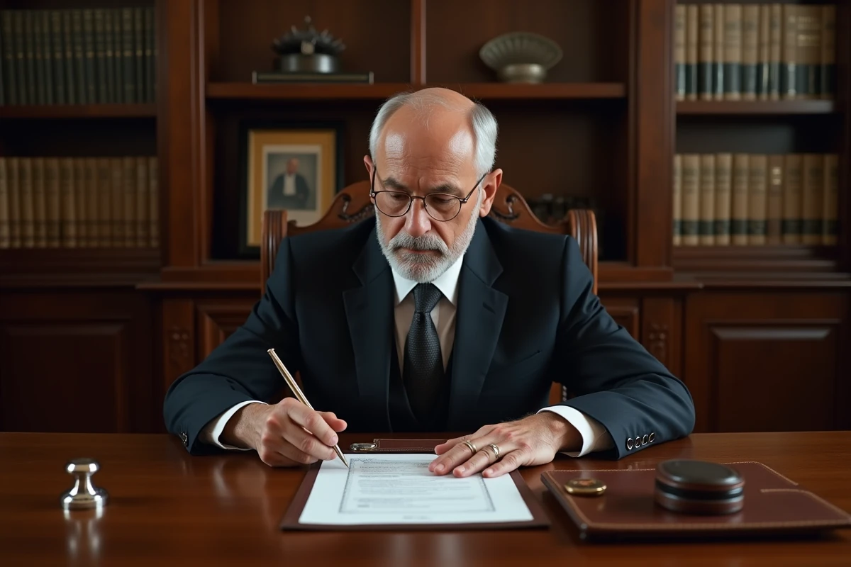 Notaire examine des papiers de transfert bancaire dans un bureau élégant