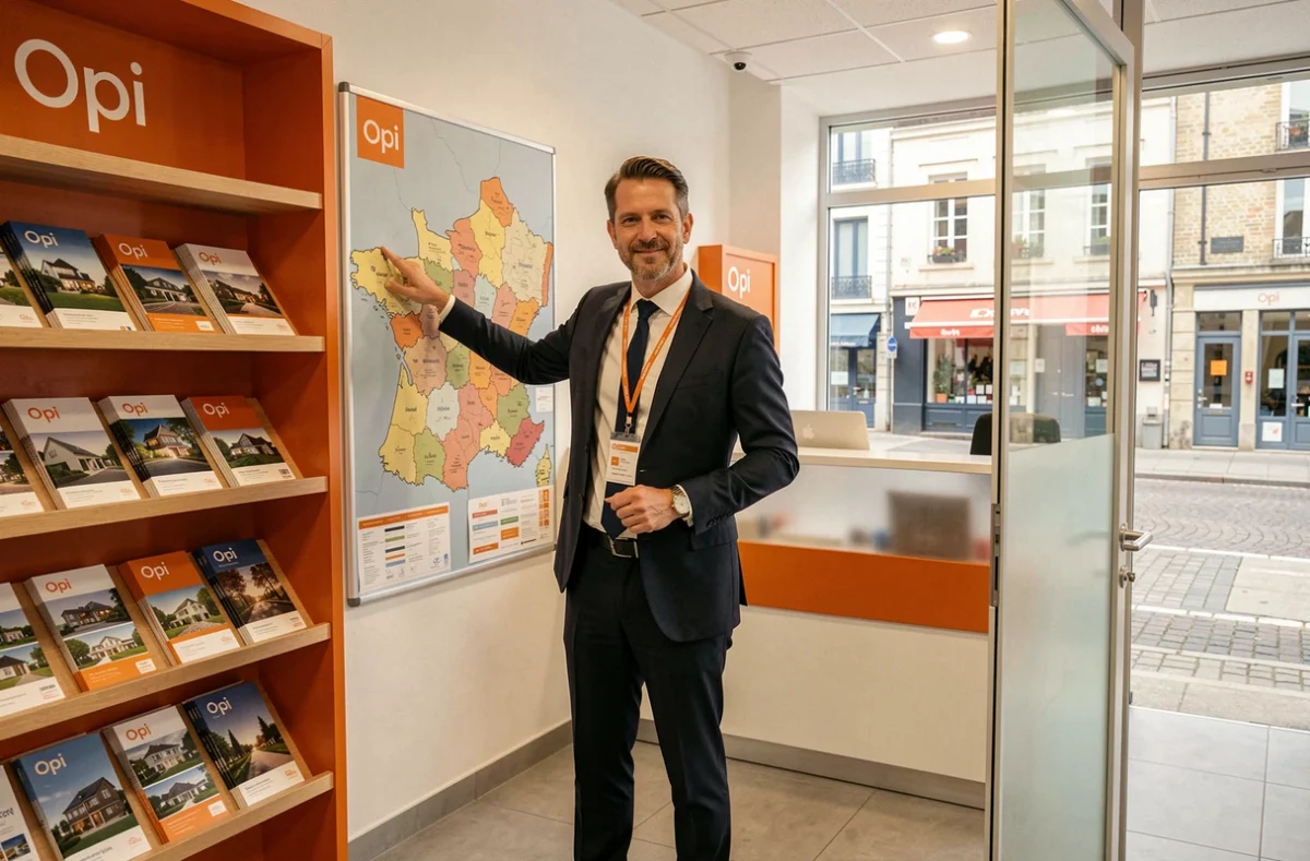 Agent Orpi pointant une carte des propriétés du Nord à l'intérieur d'une agence immobilière Orpi