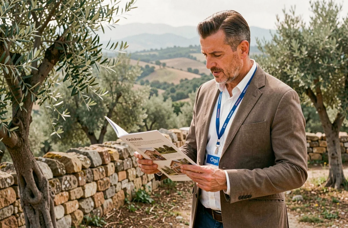 Agent Orpi Corse consultant une brochure immobilière devant une propriété rurale corse