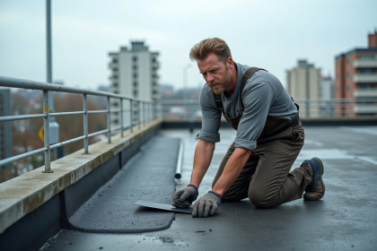 Ouvrier en overalls appliquant du bitume sur une terrasse urbaine