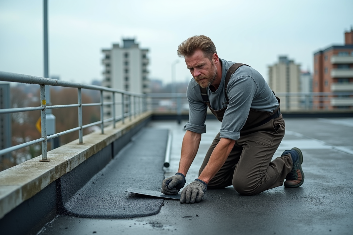 Ouvrier en overalls appliquant du bitume sur une terrasse urbaine