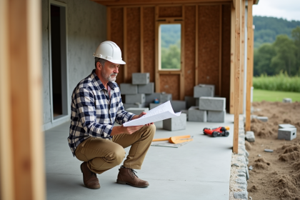 Ouvrier en pantalon de travail et chemise &agrave; carreaux avec plans sur un chantier en construction