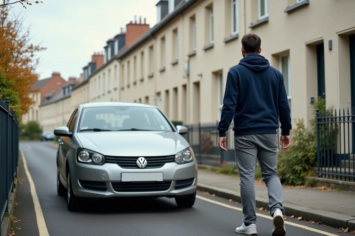 Homme garant sa voiture sur une place de parking privative devant une maison en location au Havre