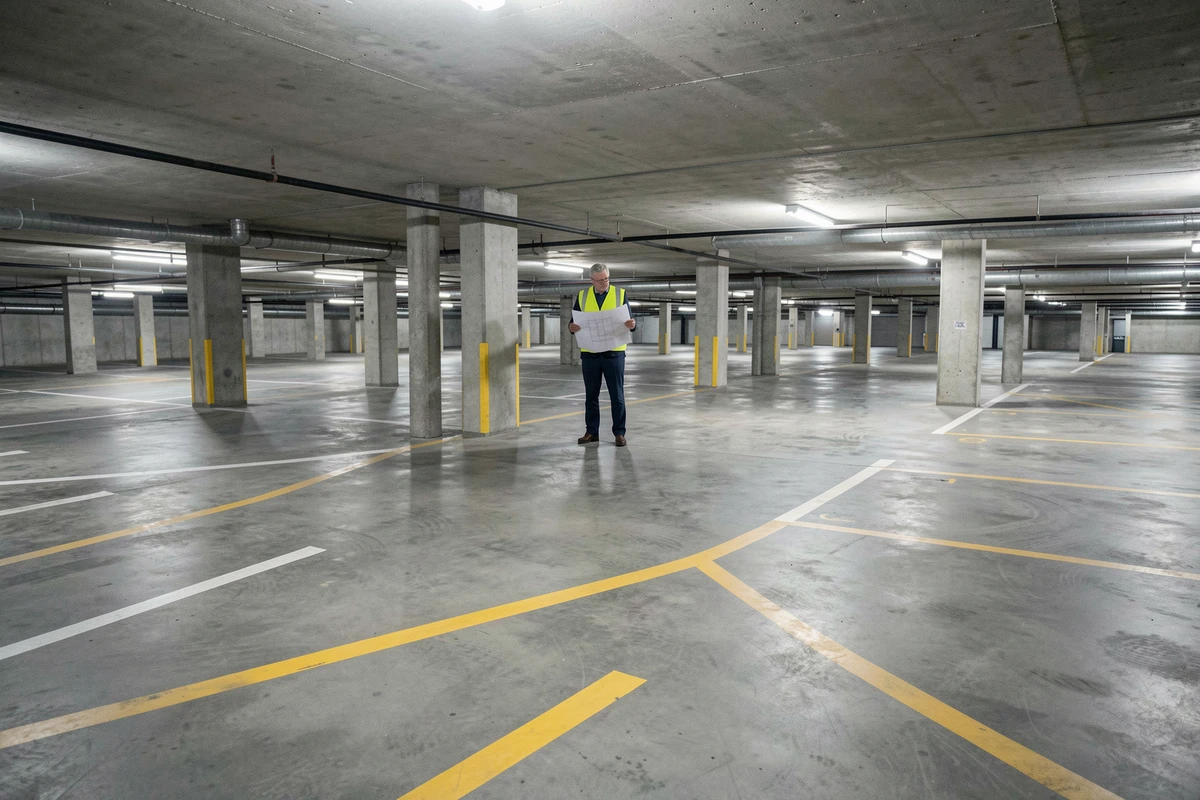 Inspecteur en sous-sol vérifiant les erreurs de marquage au sol dans un parking souterrain avec plan technique