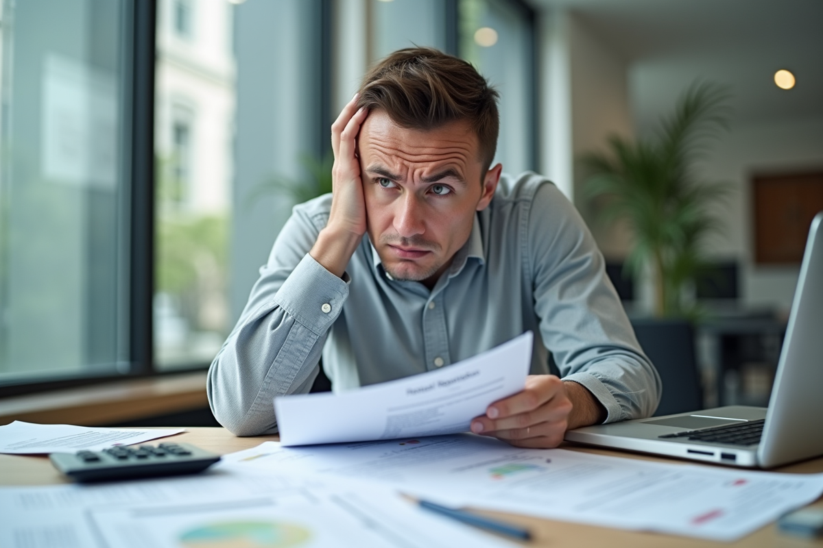 Personne inquiète au bureau entourée de papiers taxes et calculatrice
