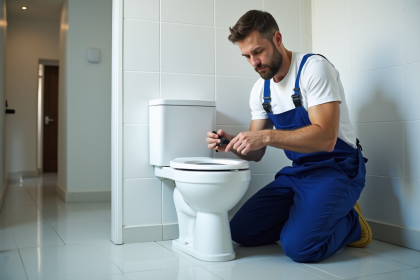 Plombier homme en overalls bleus répare une toilette moderne