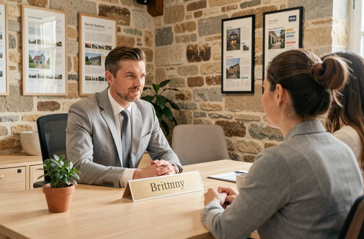 Conseiller du syndic Poirier en consultation avec des copropriétaires dans une agence immobilière à Rennes