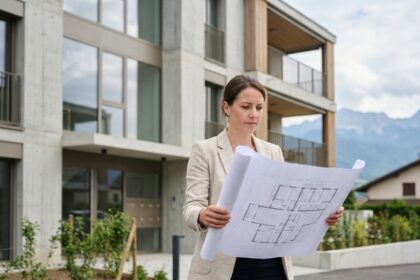 Femme consultant des plans immobiliers devant un immeuble neuf à Thonon-les-Bains avec vue sur les Alpes