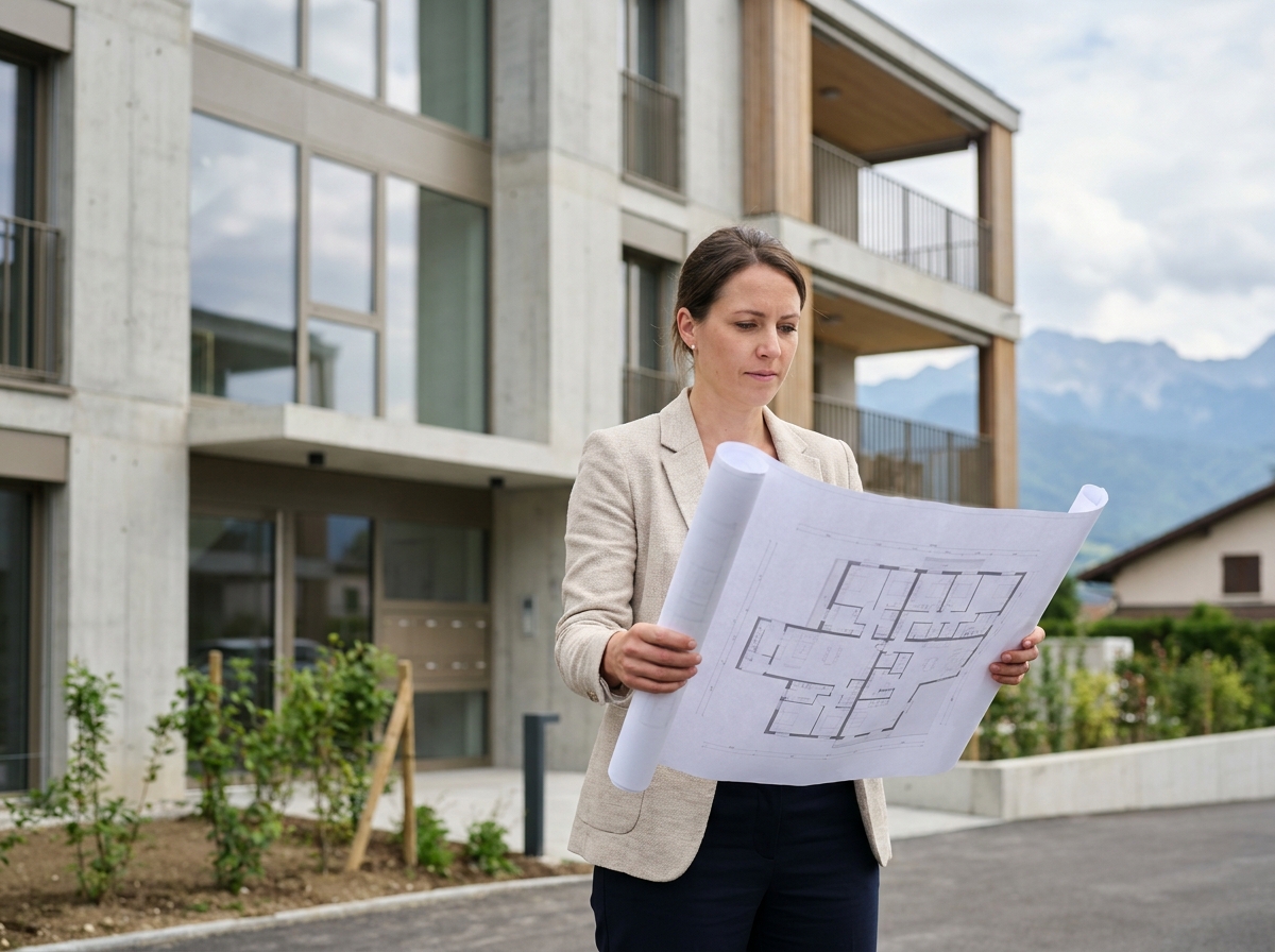 Femme consultant des plans immobiliers devant un immeuble neuf à Thonon-les-Bains avec vue sur les Alpes