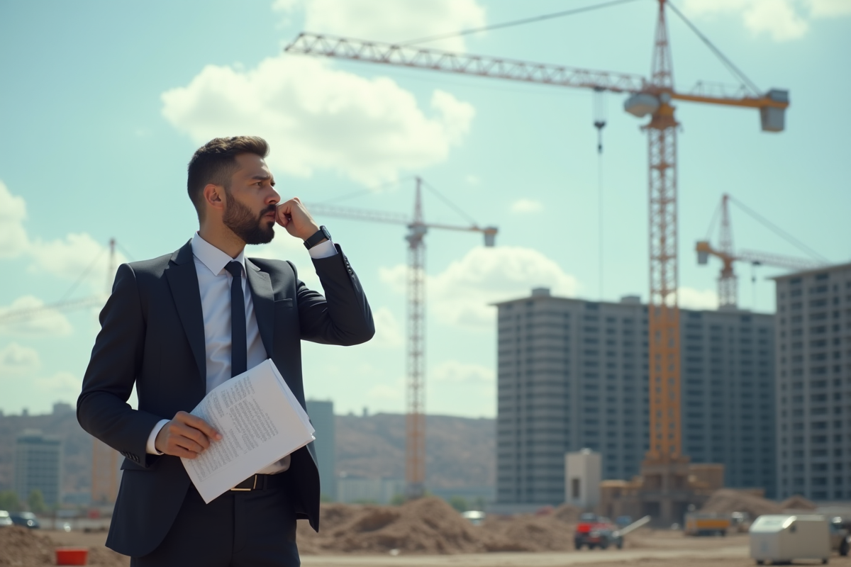 Professionnel frustré regardant un chantier en construction