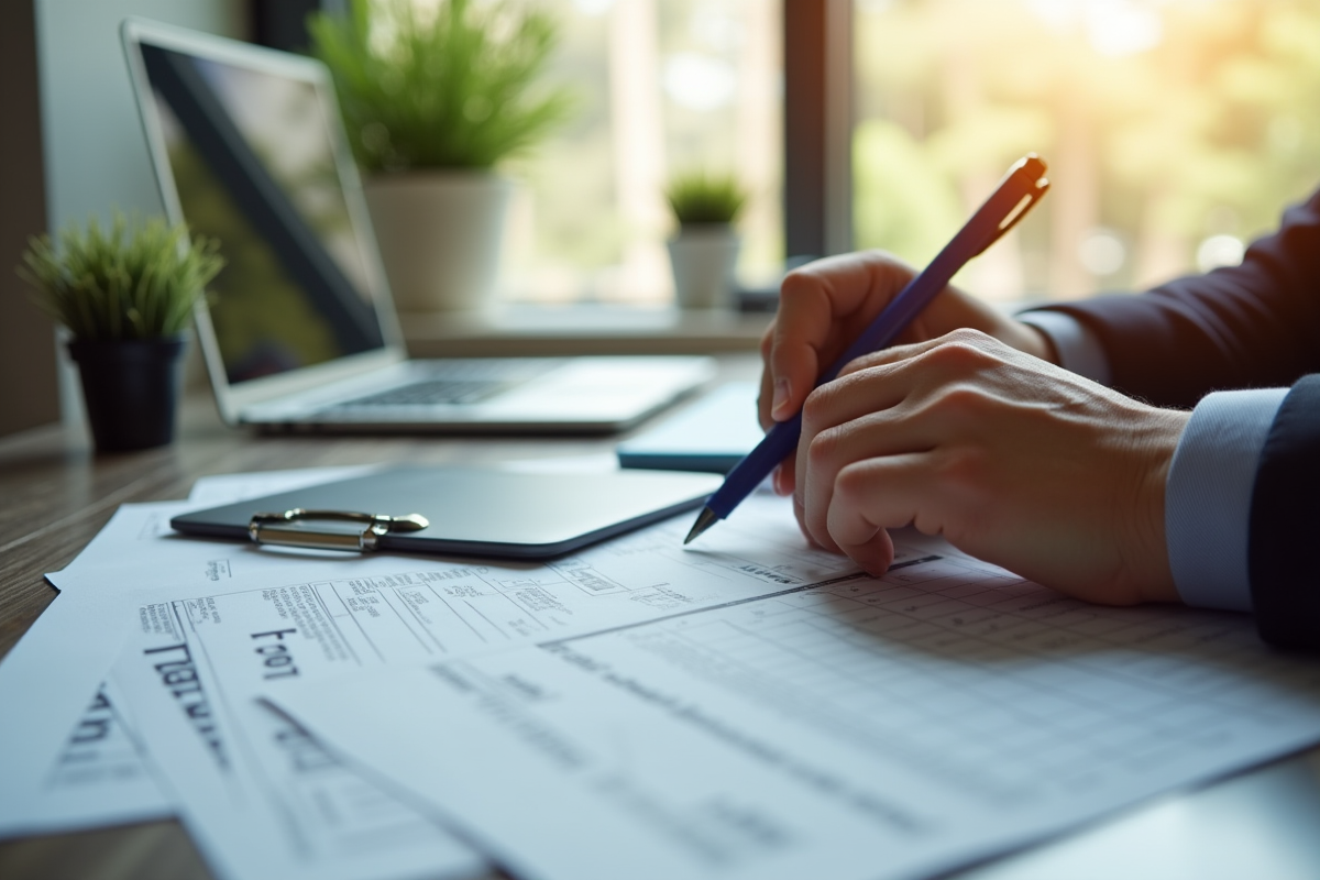 Professionnel travaillant à un bureau moderne remplissant des documents fiscaux