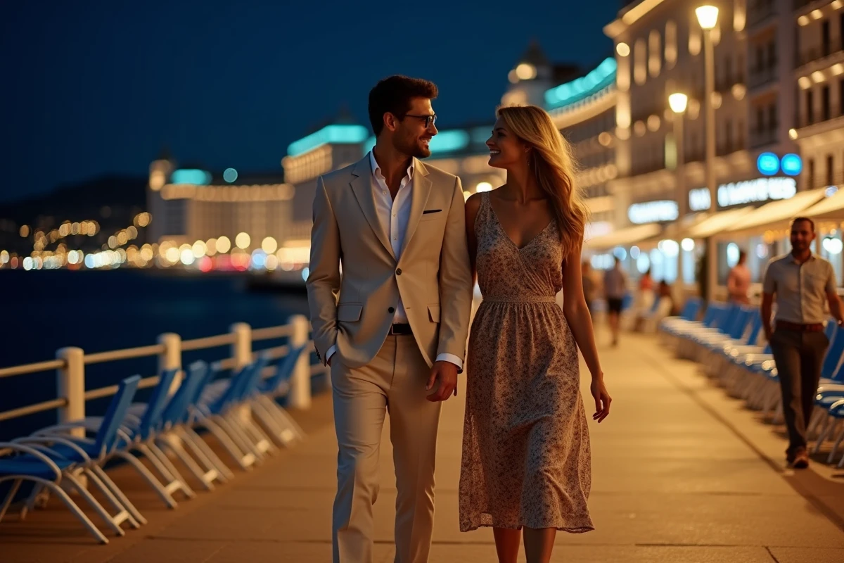 Couple élégant se promenant le soir sur la Promenade des Anglais à Nice avec la mer Méditerranée en arrière-plan