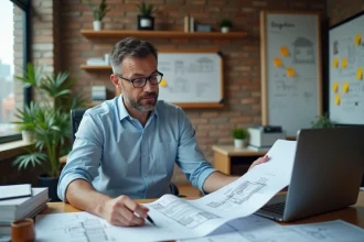 Promoteur immobilier indépendant utilisant un logiciel de gestion de projet immobilier sur ordinateur dans un petit bureau moderne