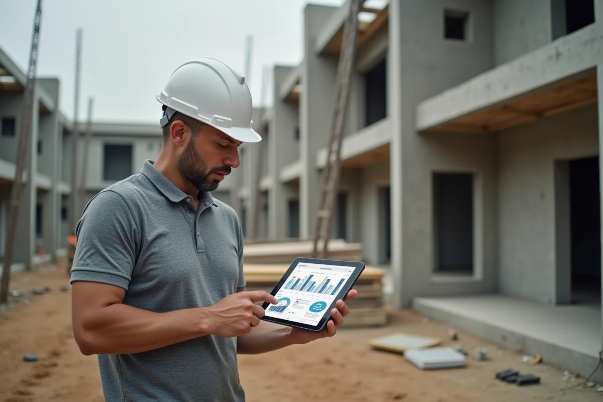 Promoteur immobilier ind&eacute;pendant consultant un logiciel de suivi de chantier sur tablette directement sur un site de construction
