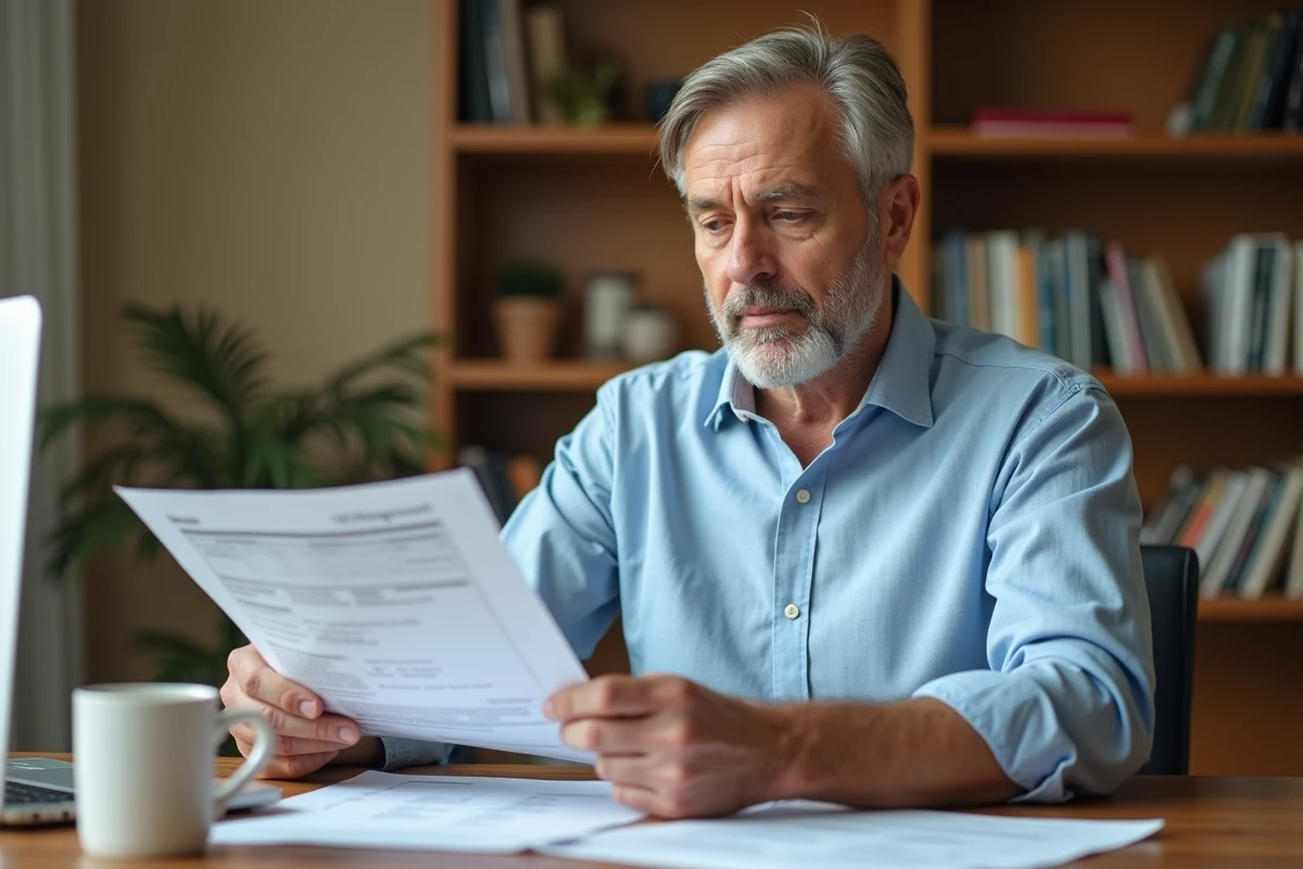 Propriétaire bailleur examinant des documents de gestion locative et relevés de loyers à son bureau à domicile