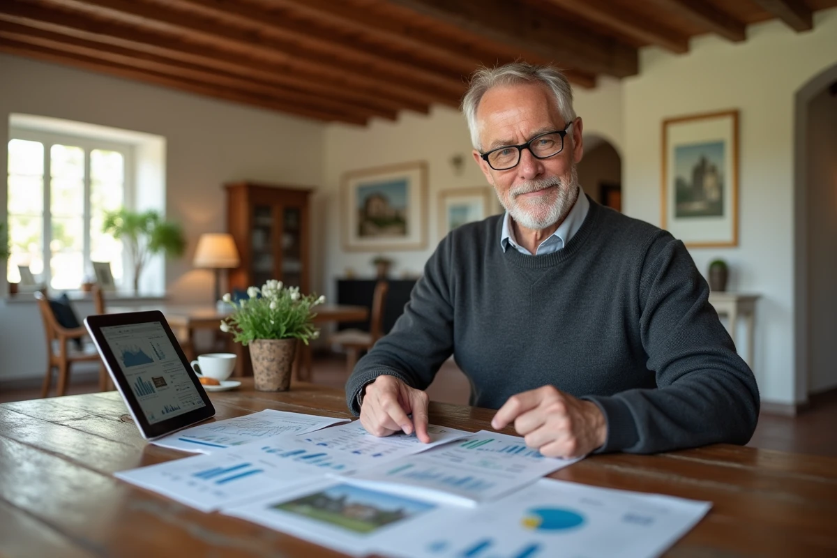Propriétaire comparant des estimations immobilières gratuites et premium dans une ferme de prestige rénovée