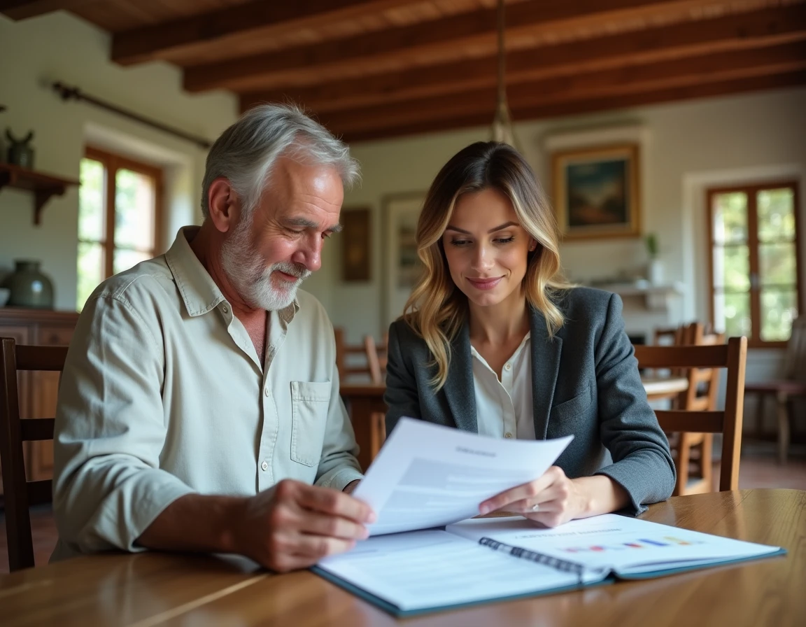 Propriétaire et consultant immobilier analysant ensemble un rapport d'estimation de maison