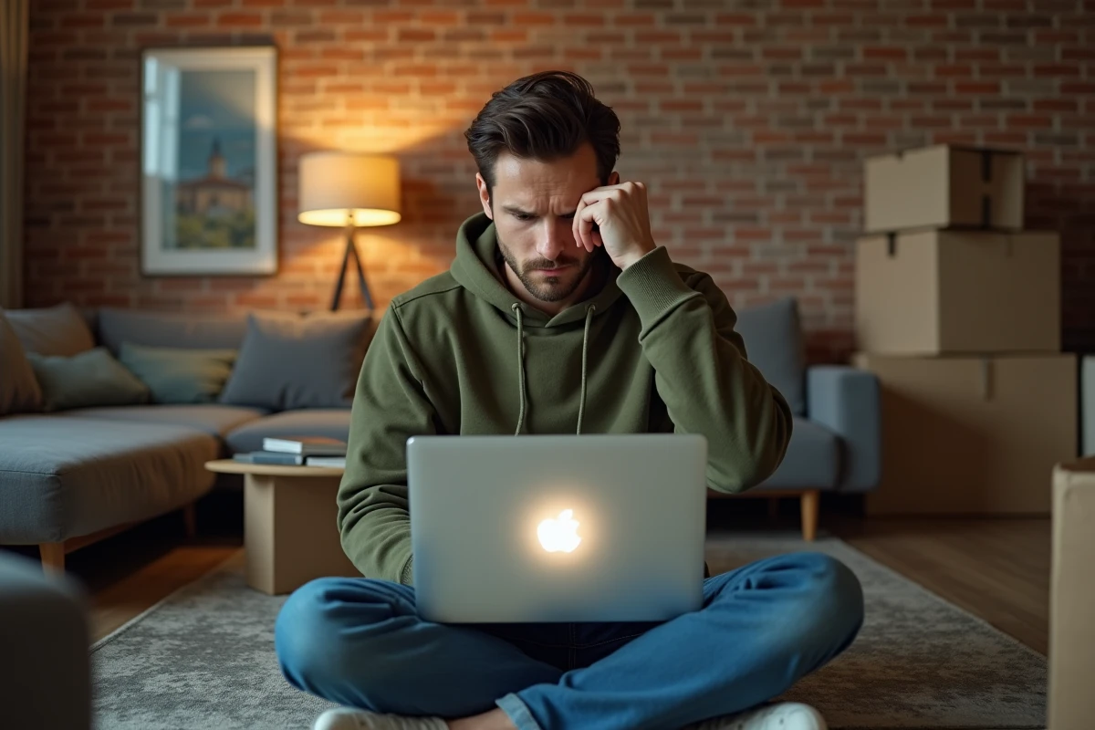 Jeune propriétaire frustré face à une erreur sur une plateforme de gestion locative en ligne