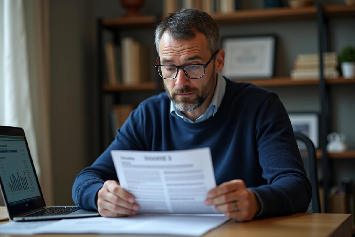 Propriétaire bailleur étudiant les plafonds de revenus Pinel sur des documents administratifs à son bureau à domicile