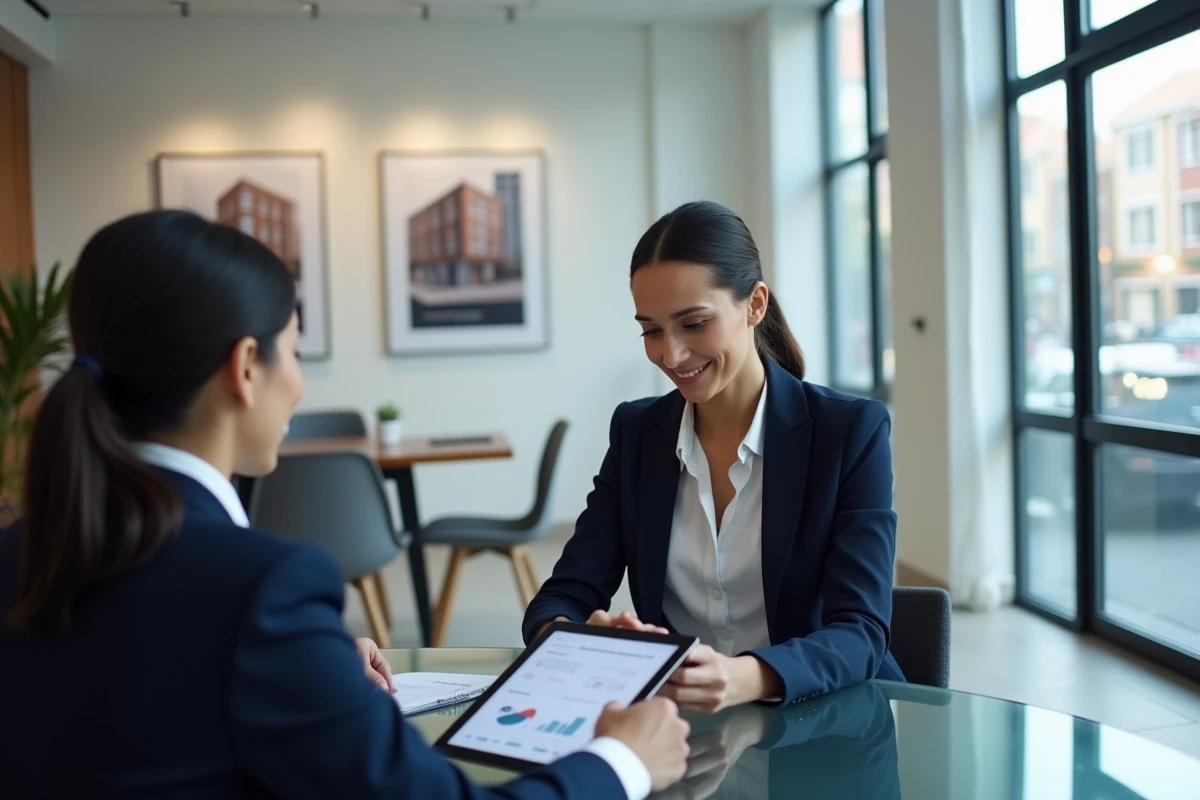 Propriétaire bailleuse en réunion avec un agent immobilier pour contrôler la gestion locative de son bien