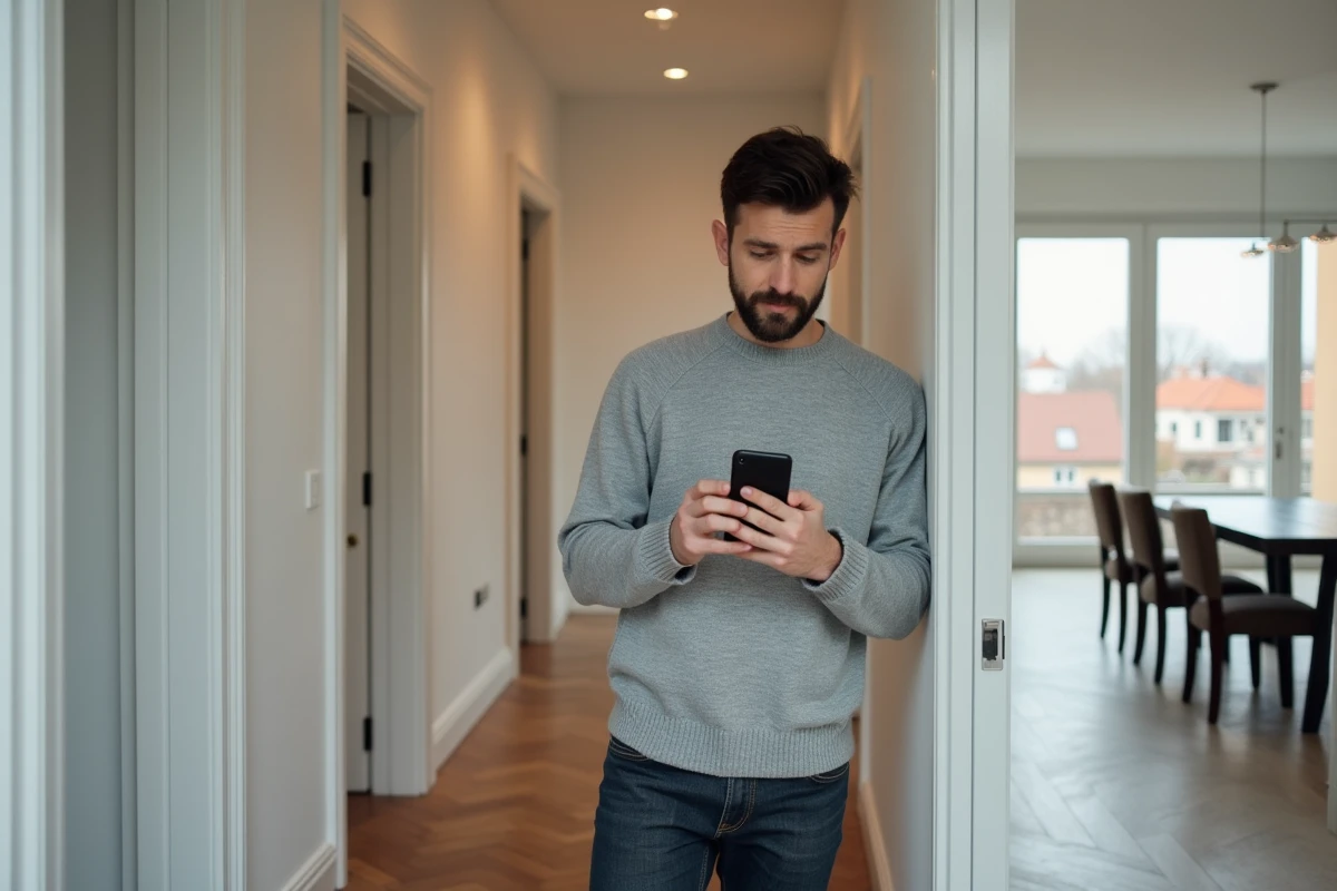 Propriétaire bailleur vérifiant le versement des loyers sur une application mobile dans son appartement en location