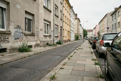 Rue dégradée d'un quartier sensible à Maisons-Alfort avec façades d'immeubles abîmées et trottoirs fissurés