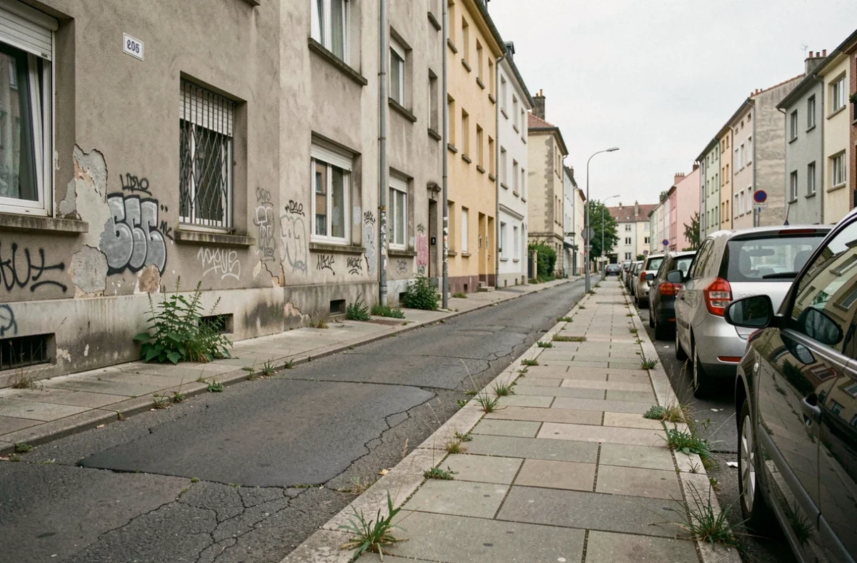 Rue dégradée d'un quartier sensible à Maisons-Alfort avec façades d'immeubles abîmées et trottoirs fissurés