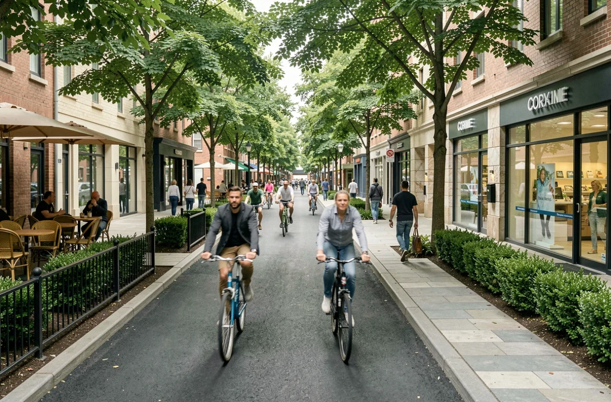 Boulevard animé du quartier Convergence 94 avec commerces, terrasse de café et pistes cyclables dans un cadre urbain rénové