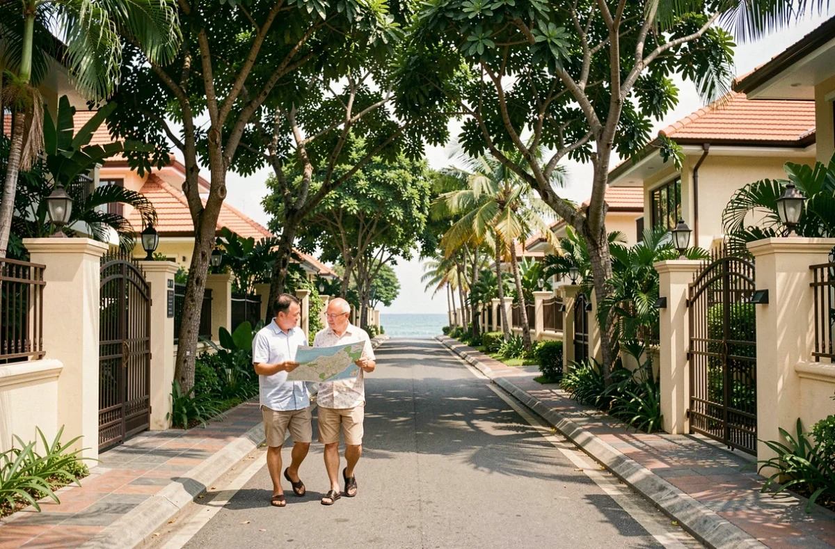 Rue résidentielle calme dans un quartier prisé de Thaïlande avec villas et végétation tropicale soignée