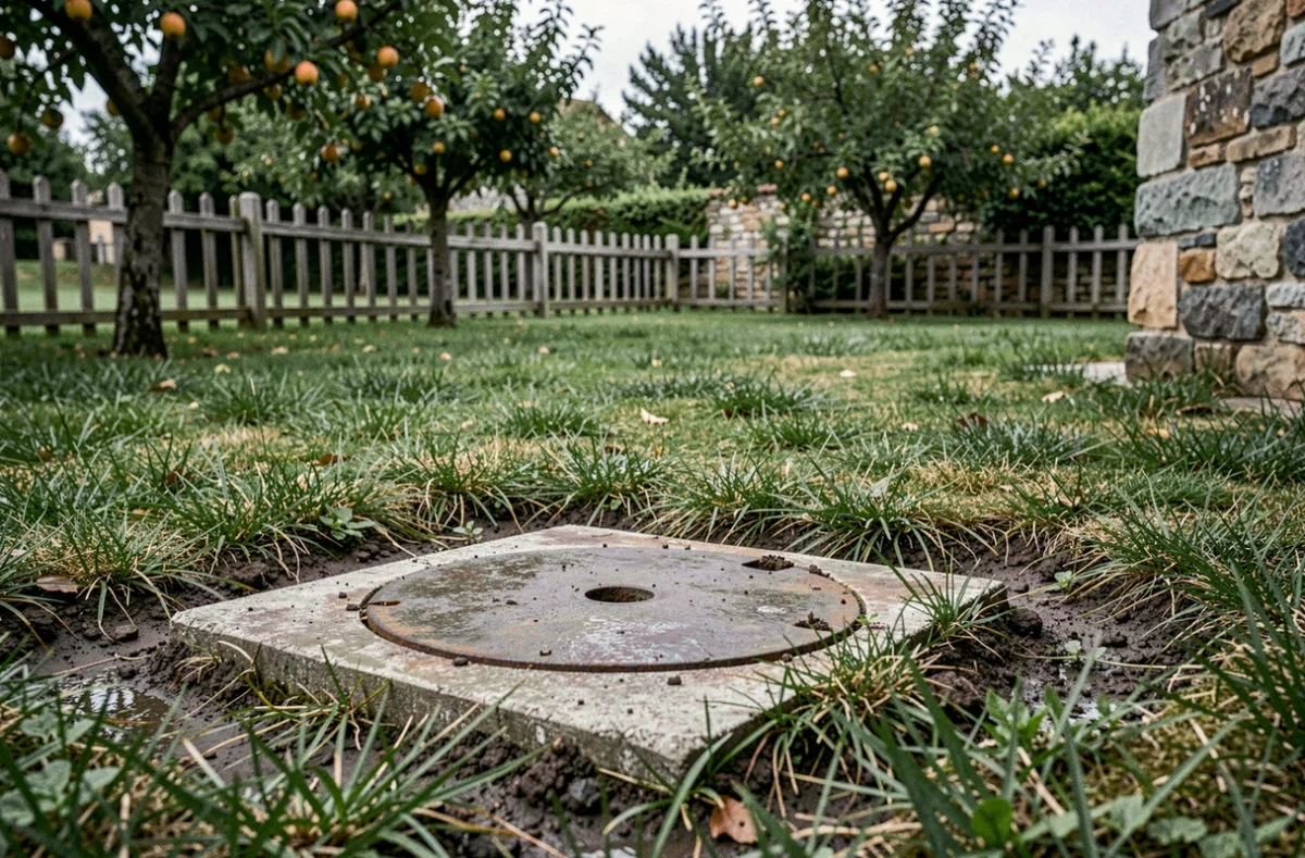 Regard de fosse septique visible dans un jardin de maison individuelle rurale lors d'une inspection immobilière