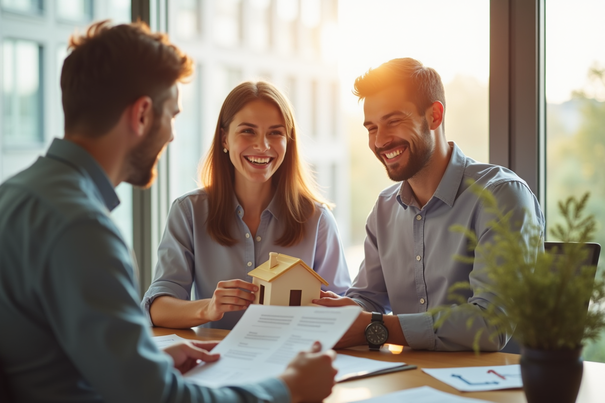 Jeune couple souriant rencontrant un conseiller immobilier dans un bureau lumineux
