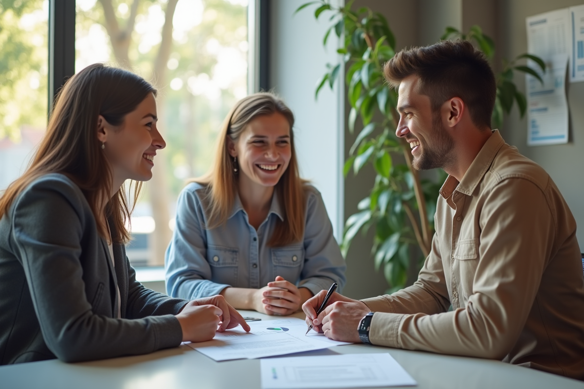 Jeune couple rencontrant un conseiller financier dans un bureau lumineux