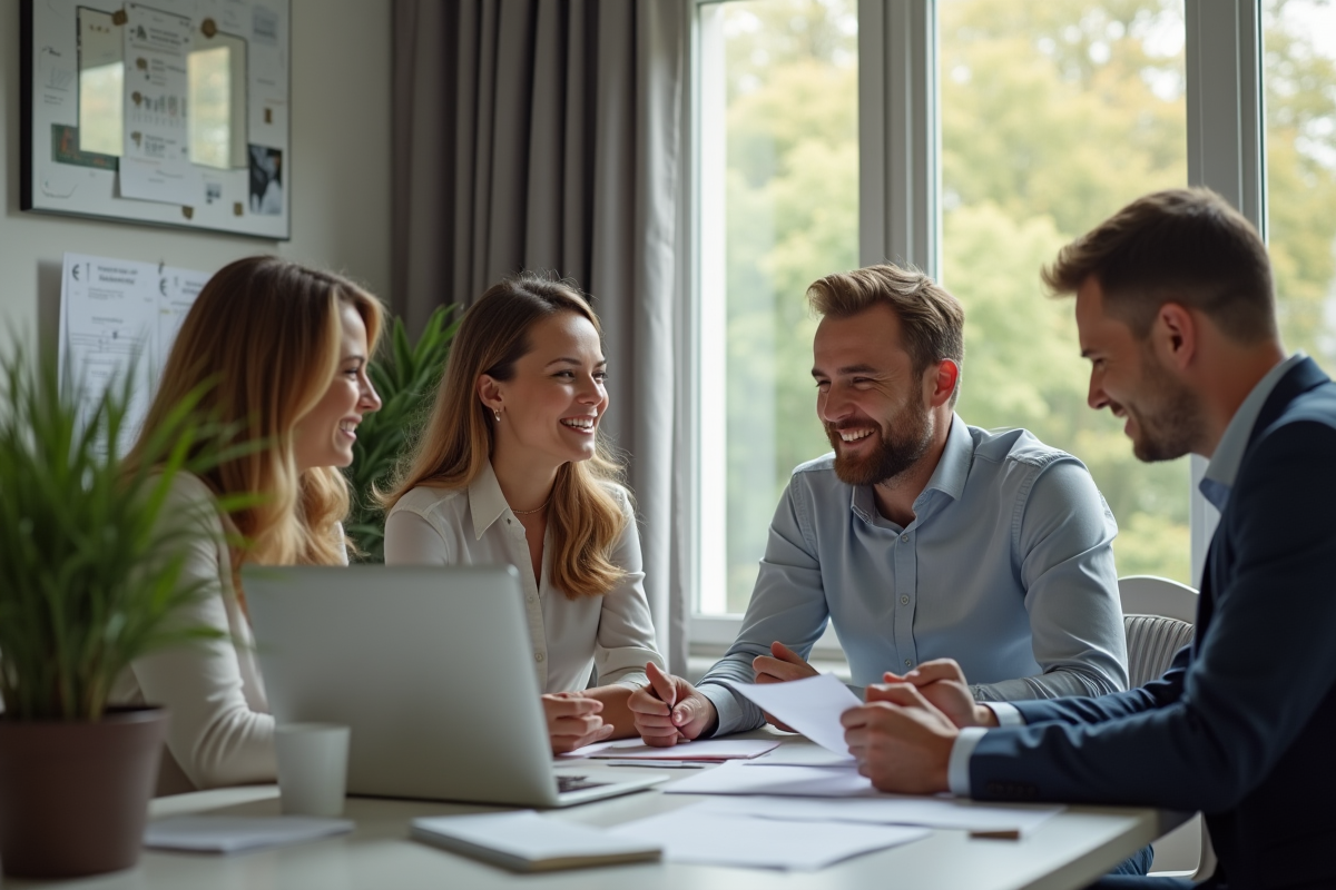 Couple souriant rencontrant un conseiller financier à un bureau moderne