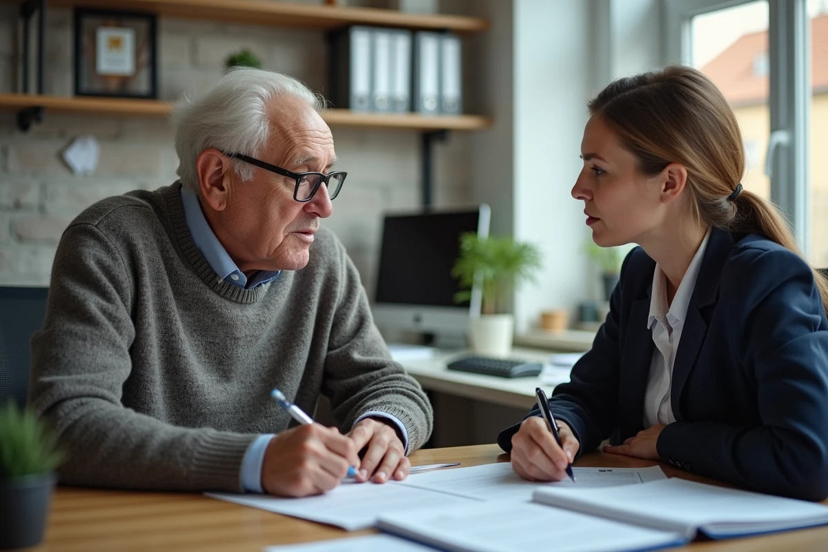 Homme âgé rencontrant une notaire dans un bureau immobilier
