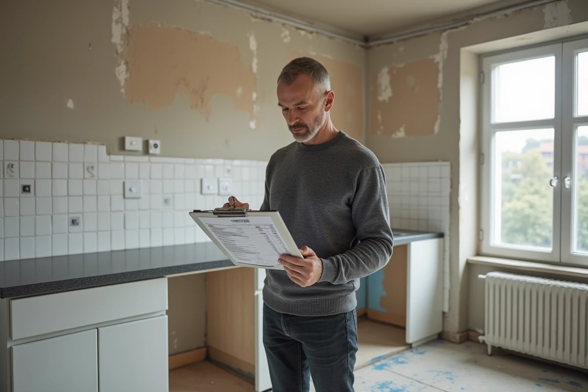 Propriétaire inspectant une rénovation de cuisine en cours pour justifier le forfait travaux lors d'une vente immobilière