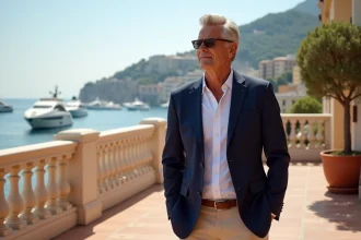 Homme élégant sur une terrasse avec vue sur le port de Monaco et ses yachts de luxe