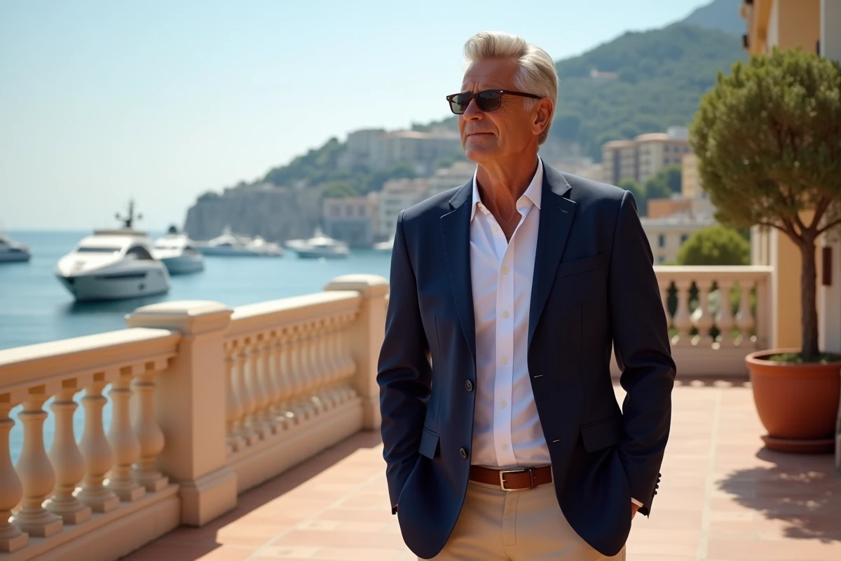 Homme élégant sur une terrasse avec vue sur le port de Monaco et ses yachts de luxe