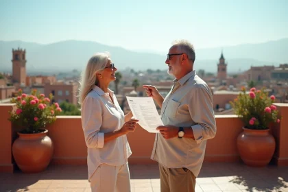 Couple de retraités sur une terrasse avec vue sur les toits de Marrakech tenant des documents immobiliers