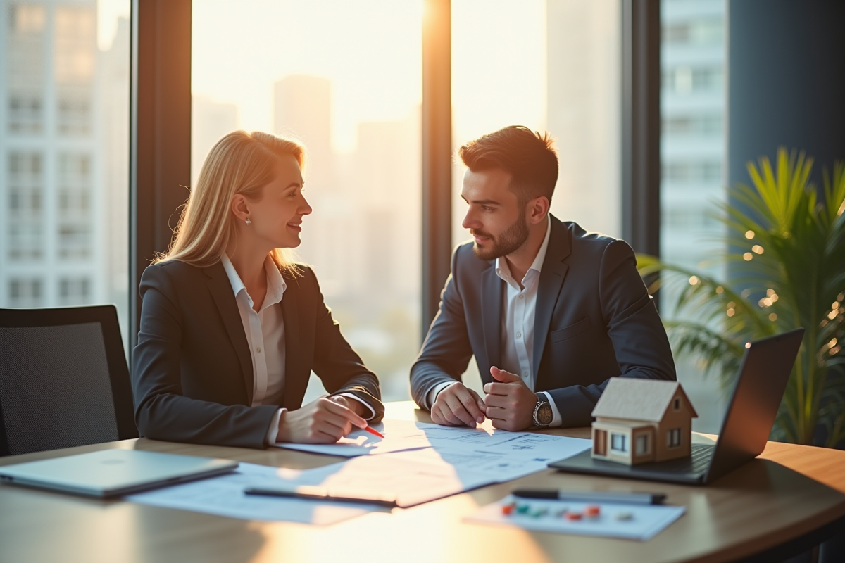 Deux professionnels discutent documents immobiliers dans un bureau lumineux