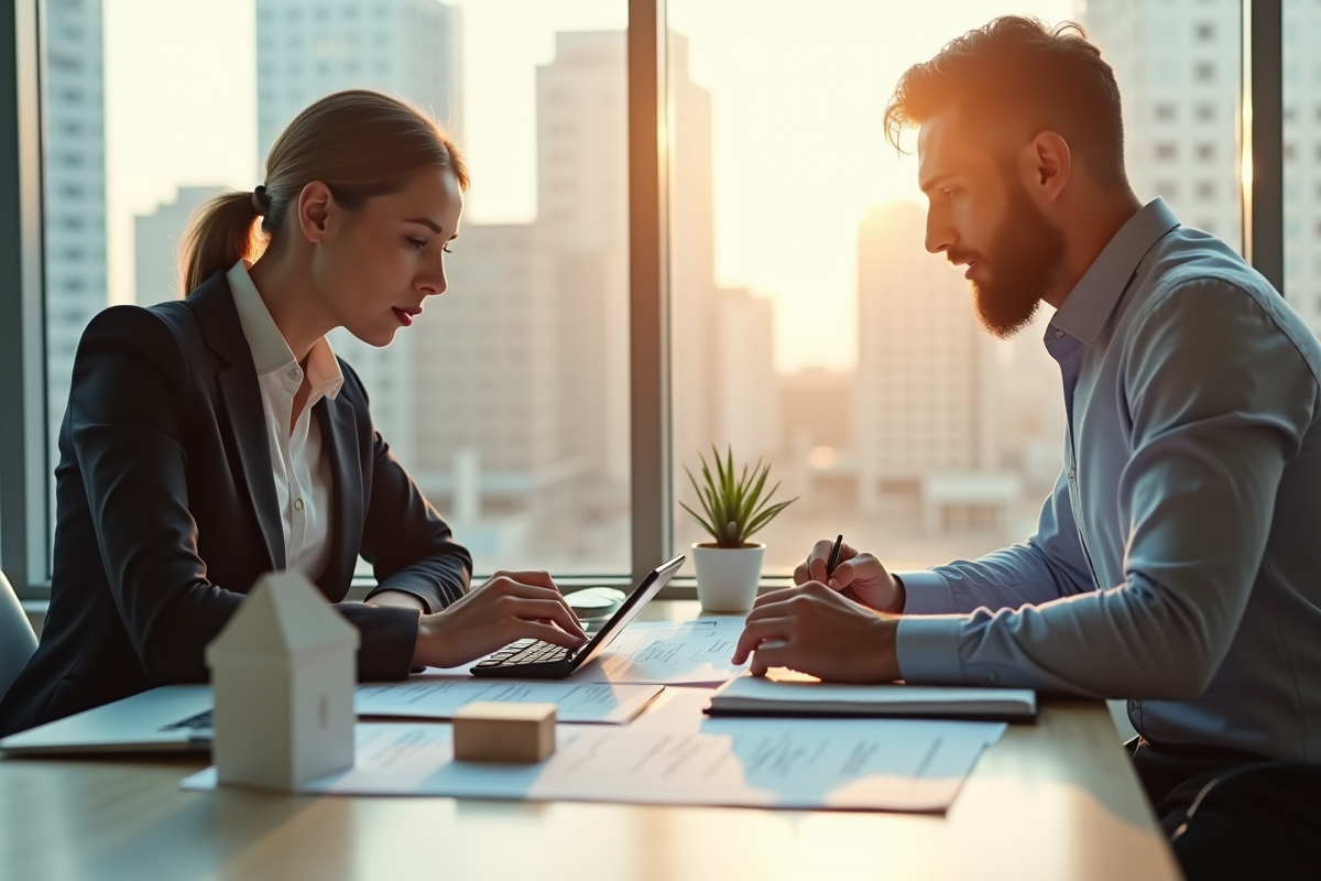 Une femme d'affaires et un homme d'affaires examinent des documents immobiliers dans un bureau lumineux