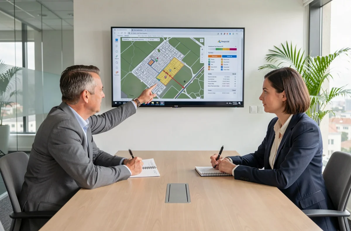 Deux professionnels de l'urbanisme analysant des données du Géoportail sur grand écran lors d'une réunion de planification de construction