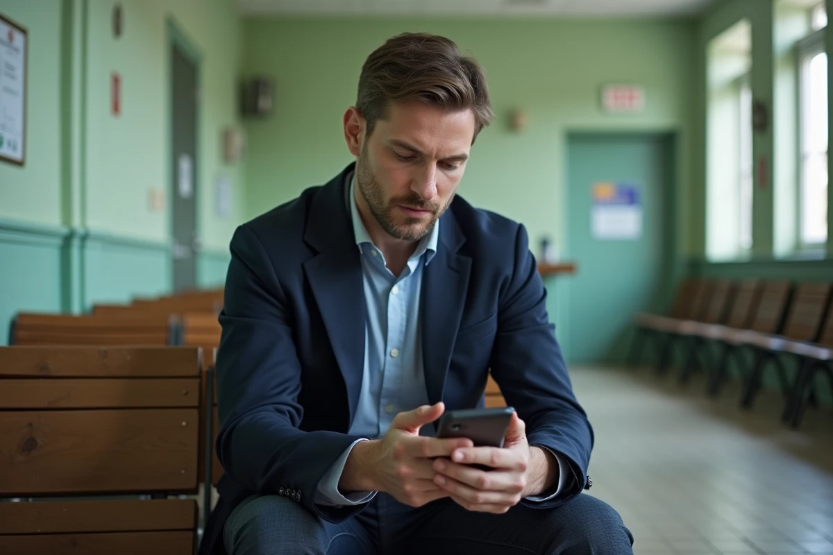 Usager en salle d'attente d'un service public parisien consultant son téléphone, illustration d'expérience administrative à Paris 19e