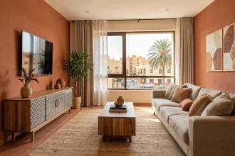 Salon moderne d'un appartement à vendre à Guéliz Marrakech avec décoration marocaine contemporaine et vue sur la rue