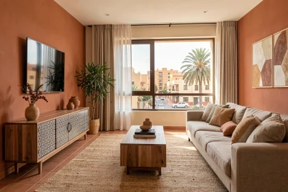 Salon moderne d'un appartement à vendre à Guéliz Marrakech avec décoration marocaine contemporaine et vue sur la rue