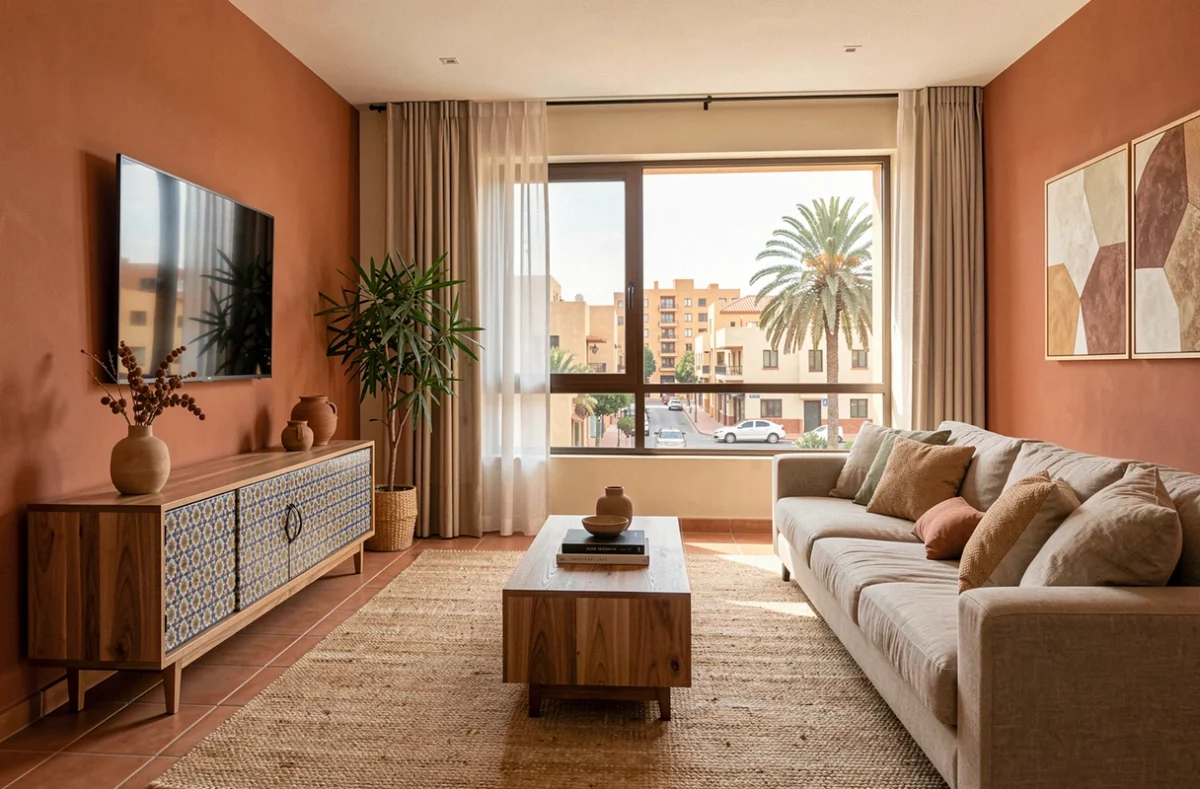 Salon moderne d'un appartement à vendre à Guéliz Marrakech avec décoration marocaine contemporaine et vue sur la rue