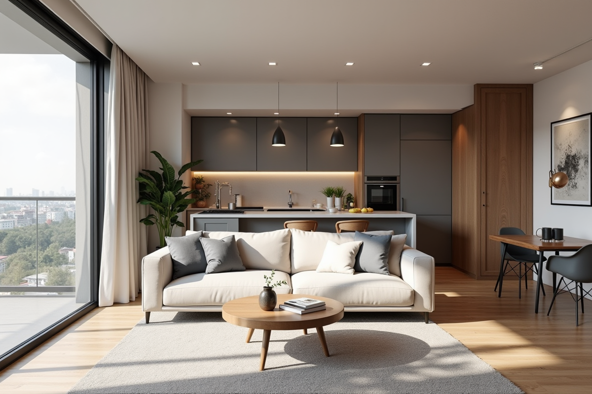 Salon moderne et cuisine ouverte dans un appartement en ville
